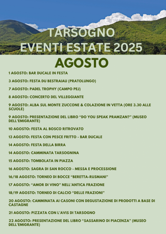 Manifestazioni Estate 2025 a Tarsogno
